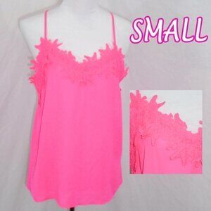 Macaron Womens Small Neon Pink Shirt Spaghetti Strap Tank Top Crochet Sheer EUC